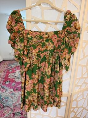 MISHA COLLECTION Green Floral Puff Sleeve Mini Dress